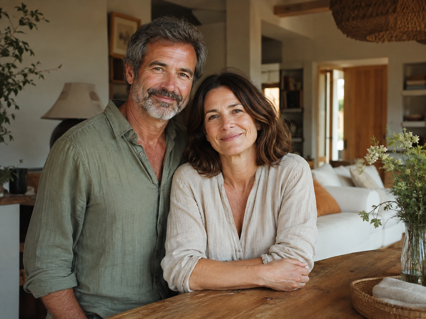 Claire et Marc dans une maison chaleureuse, duo mature et posé