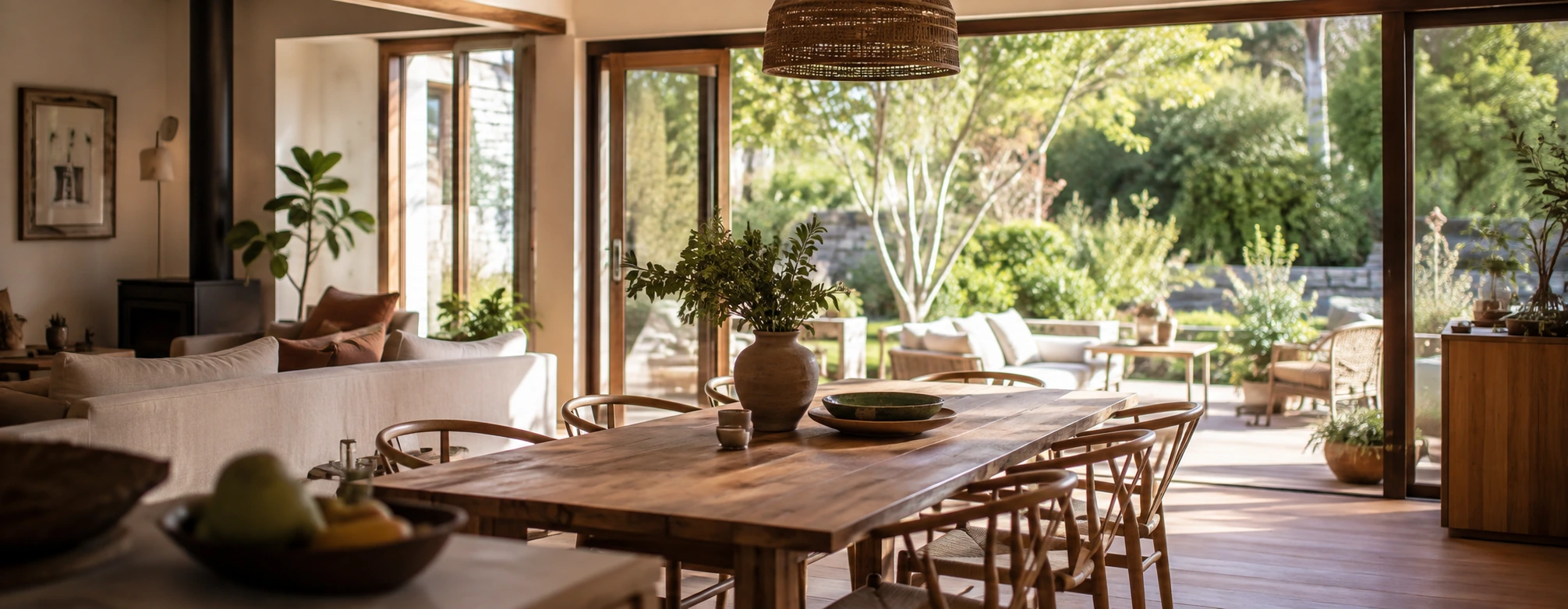 Pièce de vie chaleureuse et lumineuse ouverte sur le jardin dans une maison vécue