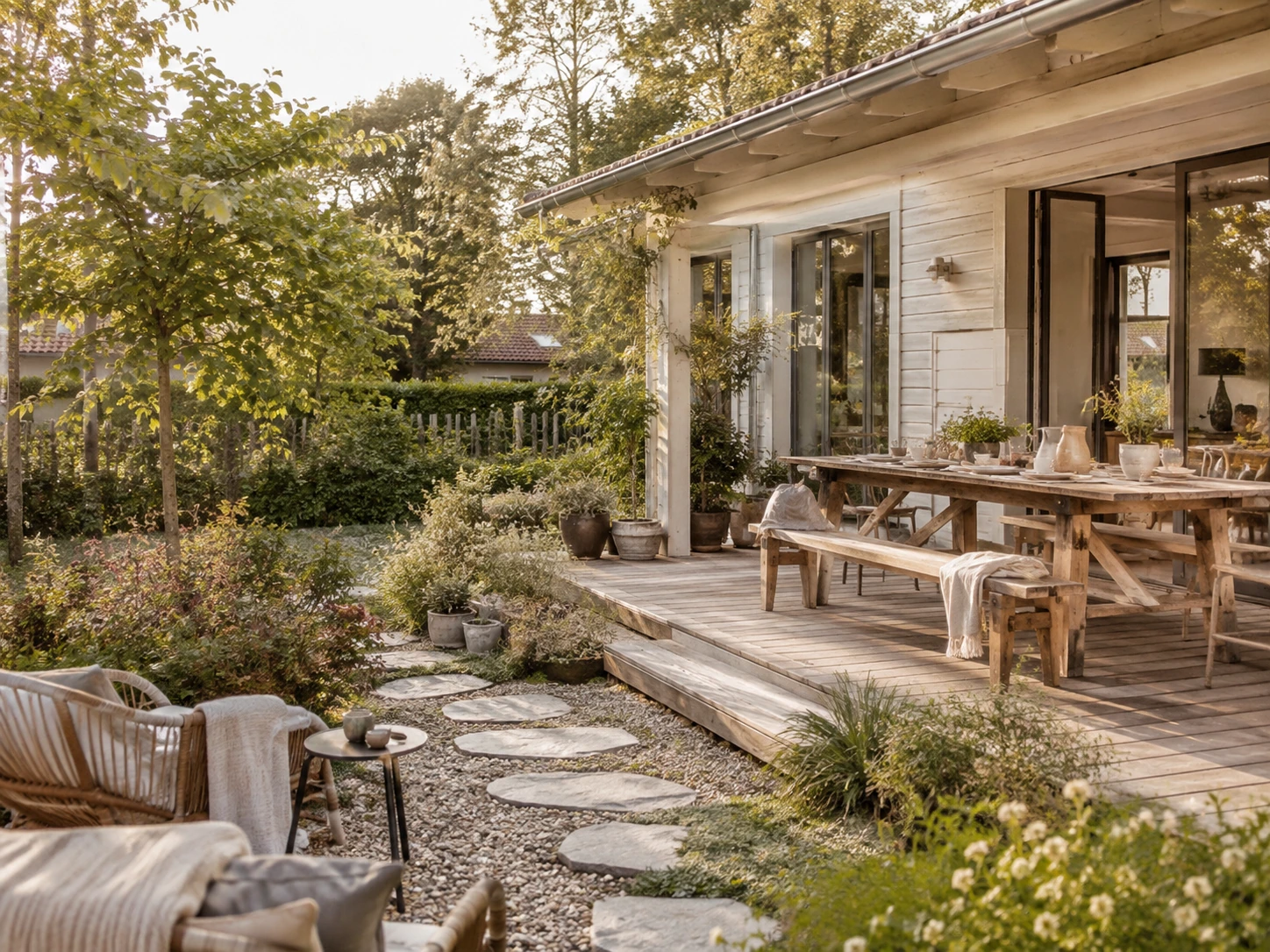 Terrasse et jardin aménagés de façon simple et chaleureuse autour de la maison