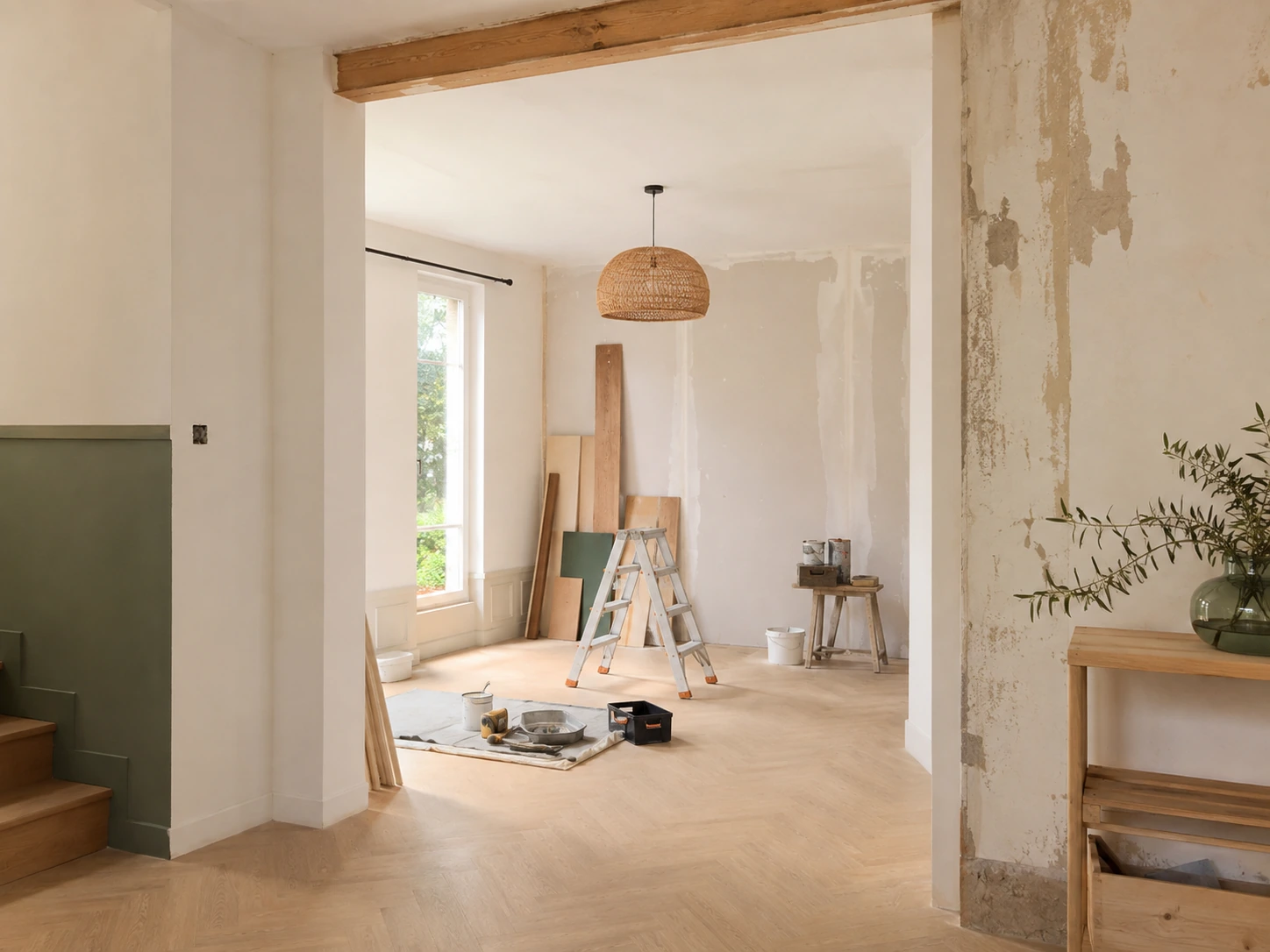 Pièce en cours de transformation avec matériaux, outils et ambiance de rénovation soignée