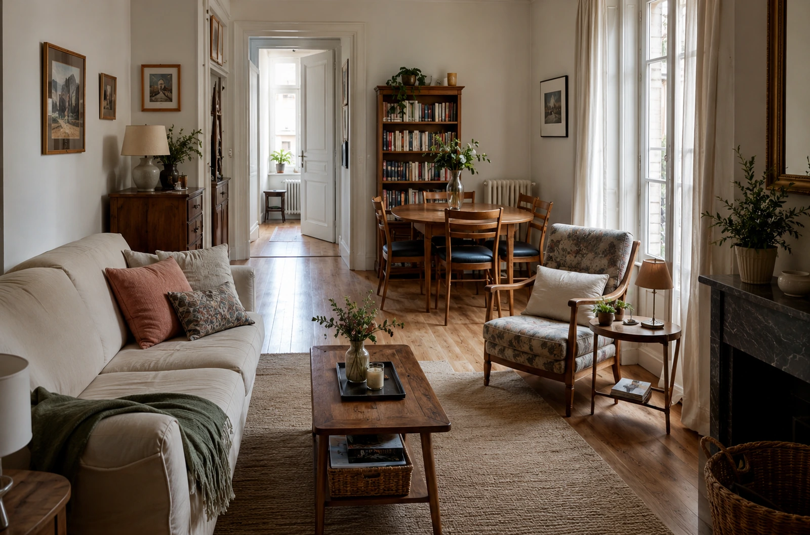 Pièce de vie réaménagée avec passage dégagé et mobilier conservé