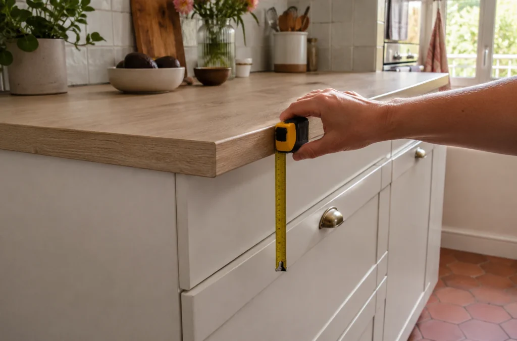 Mesure du débord d’un plan de travail au-dessus de façades de cuisine