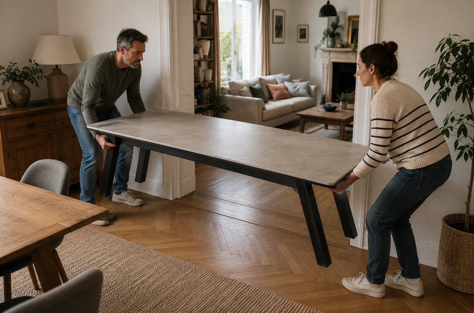 Deux adultes déplacent prudemment une table en céramique lourde