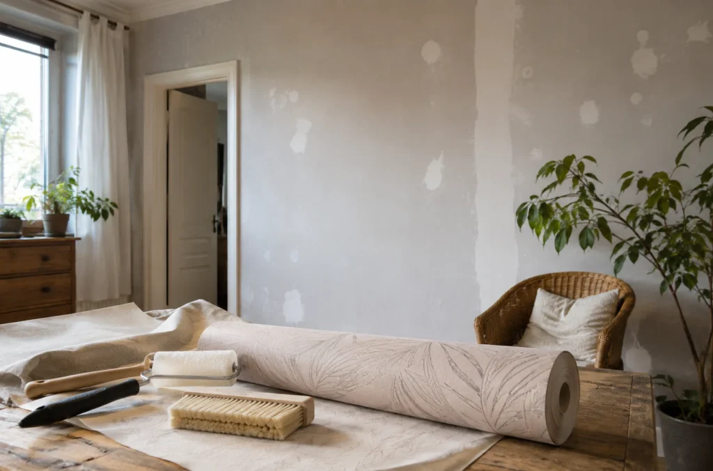 Mur en préparation et rouleau de papier peint intissé dans une pièce habitée