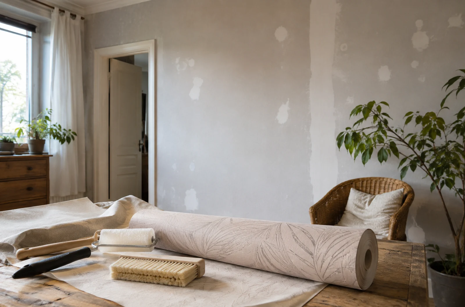 Mur en préparation et rouleau de papier peint intissé dans une pièce habitée