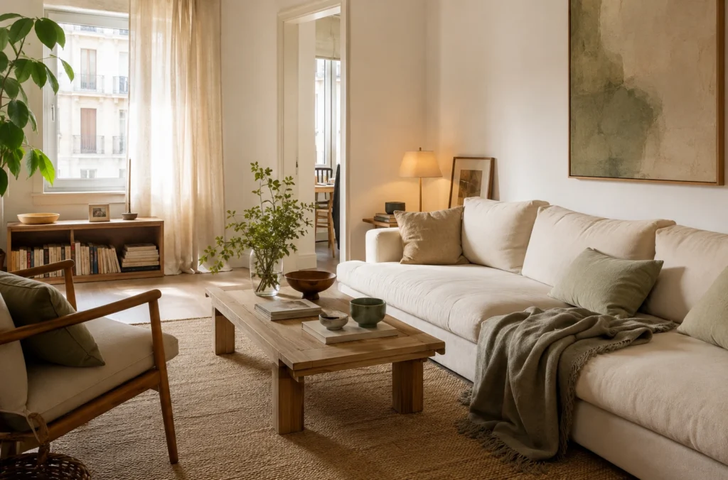 Salon lumineux et chaleureux aux matières naturelles et à la décoration épurée