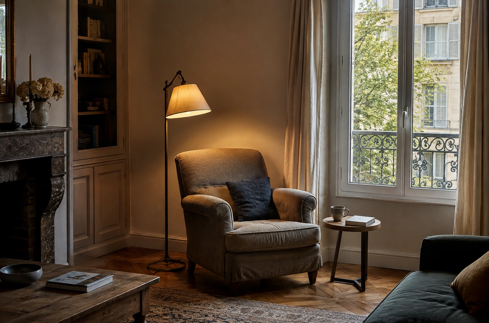 Fauteuil près d’une fenêtre et lampe sur pied créant un nouvel espace lumineux dans le salon