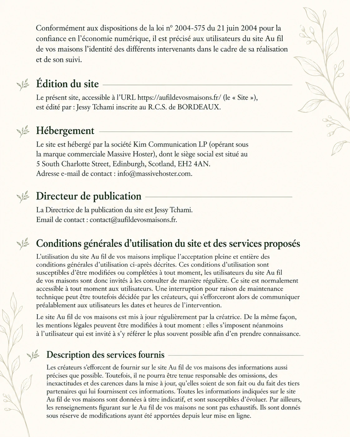 Mentions légales Au fil de vos maisons — page 1