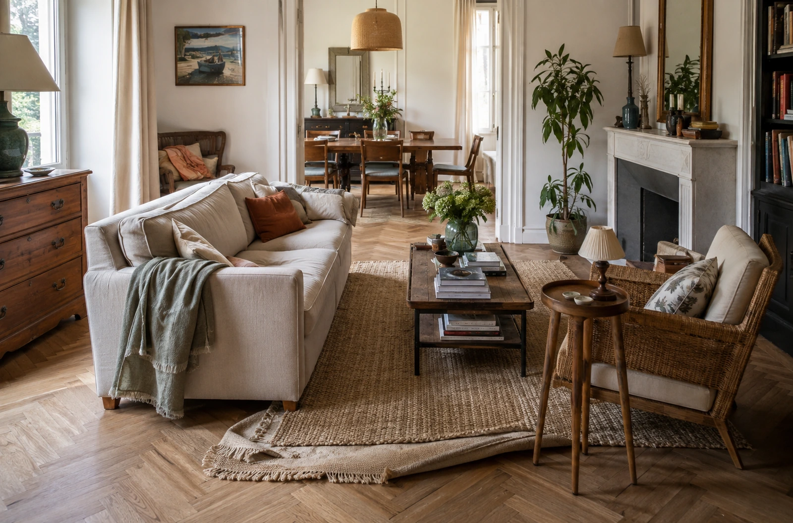 Salon habité en cours de réaménagement avec mobilier existant déplacé