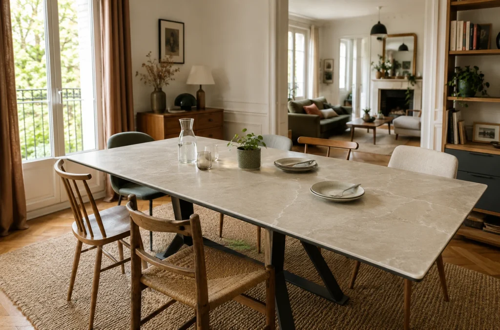 Table en céramique installée dans une salle à manger chaleureuse