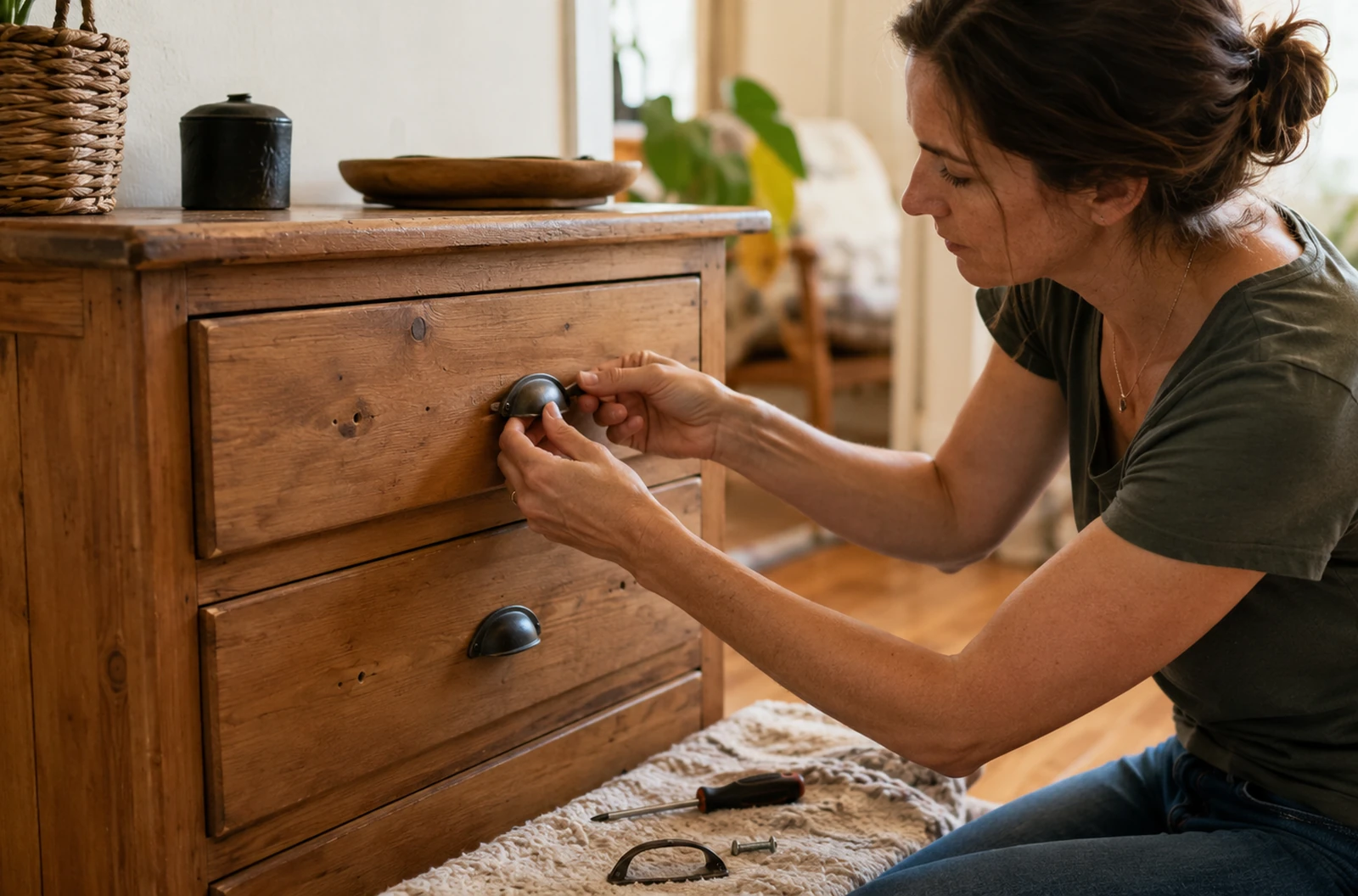 Remplacement d’une poignée sur une commode en bois encore en bon état