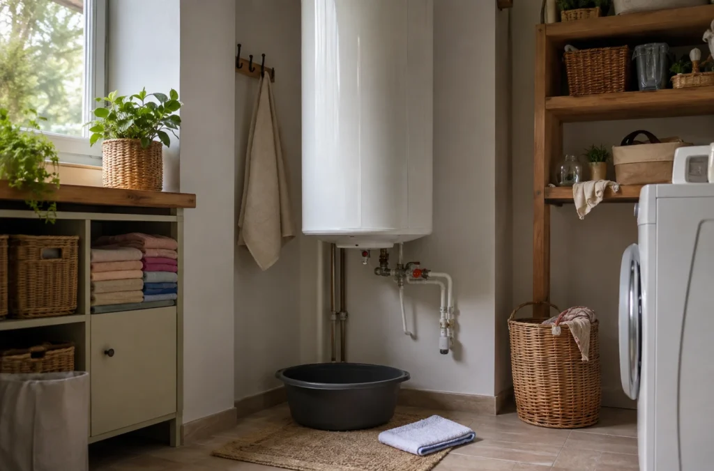 Chauffe-eau vertical dans une buanderie prêt à être vidangé