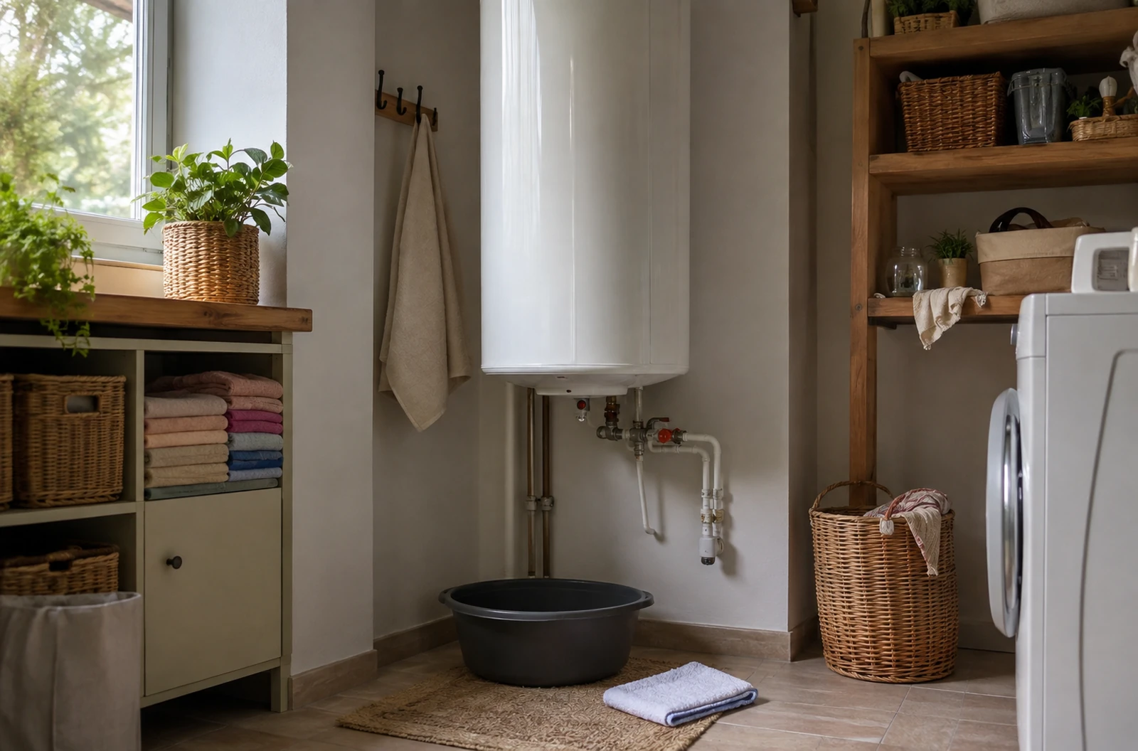 Chauffe-eau vertical dans une buanderie prêt à être vidangé
