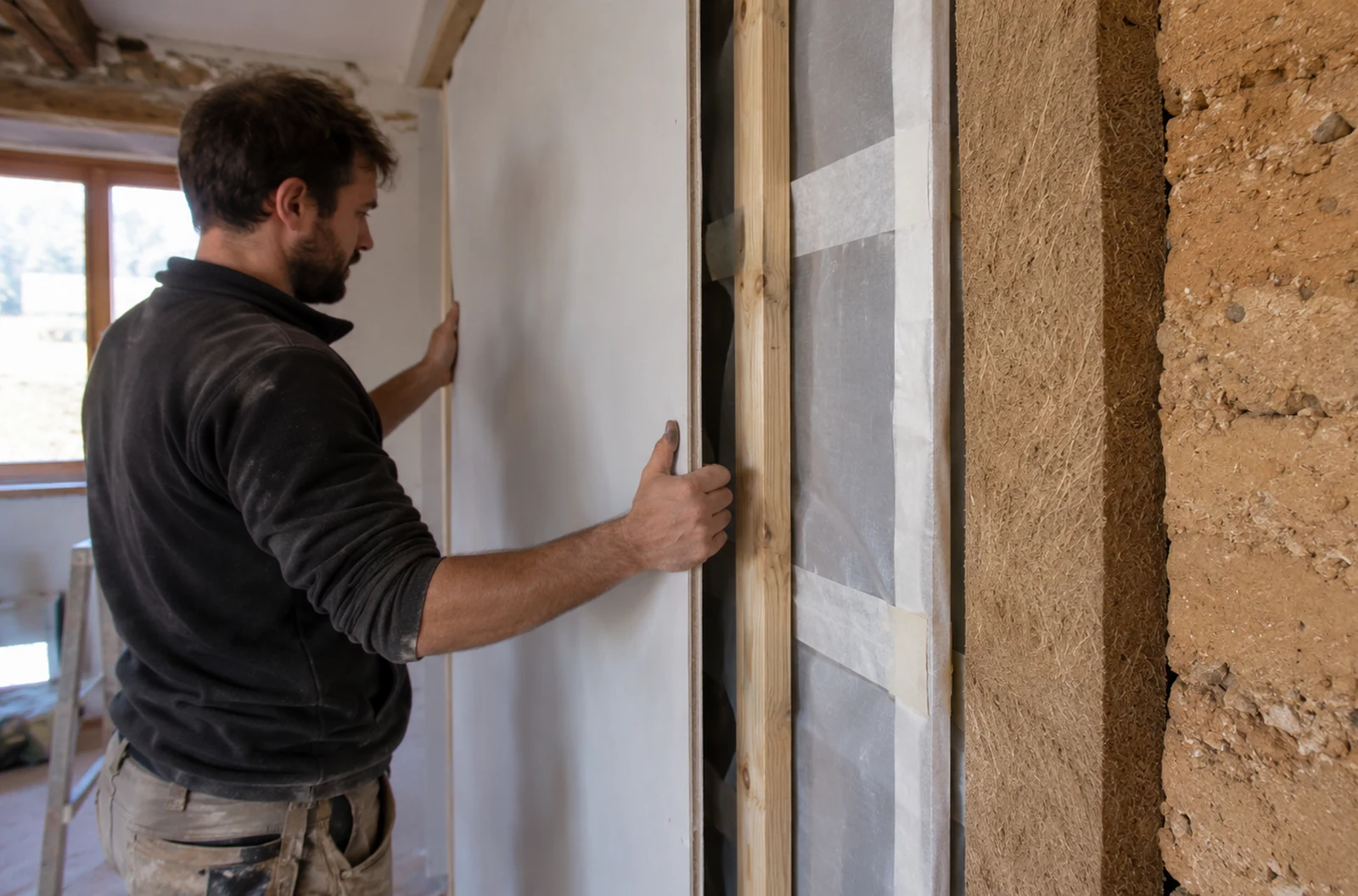 Détail d’un doublage intérieur sur pisé avec isolant fibreux, frein-vapeur et plaque de plâtre