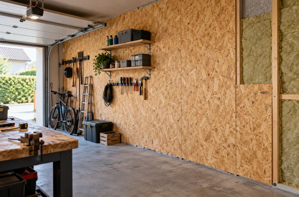 Mur de garage isolé avec ossature et panneaux OSB dans un atelier