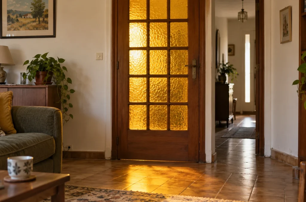 Ancienne porte intérieure en bois à petits carreaux de verre jaune texturé