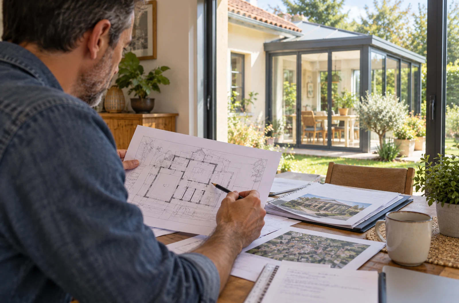 Propriétaire comparant une extension ancienne de maison avec des plans et documents d’urbanisme