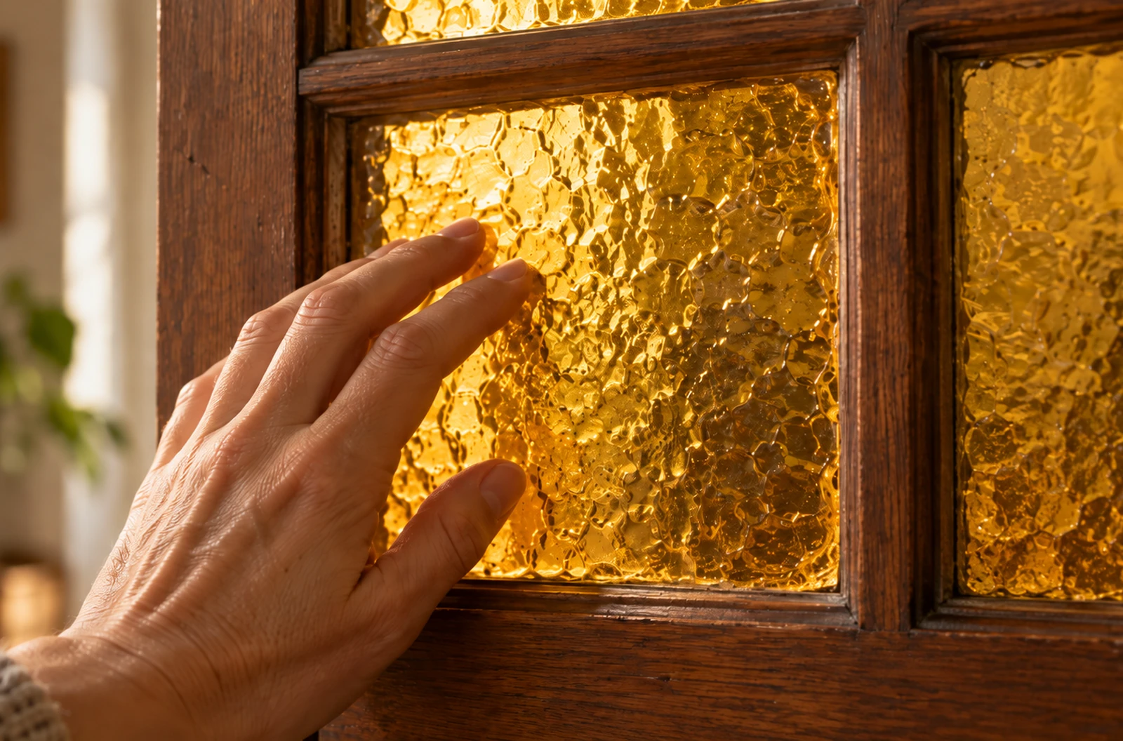 Gros plan sur un carreau de verre jaune texturé d’une porte intérieure avant choix d’un film
