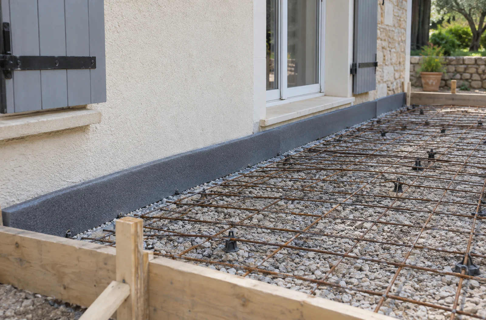 Bande compressible posée entre le mur d’une maison et une future dalle de terrasse