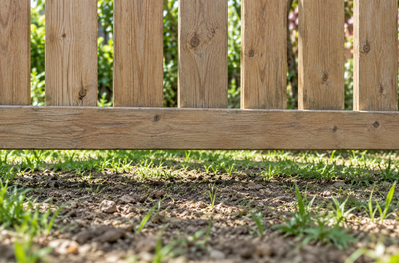 Espace libre entre la traverse basse d’un panneau en bois et le sol du jardin
