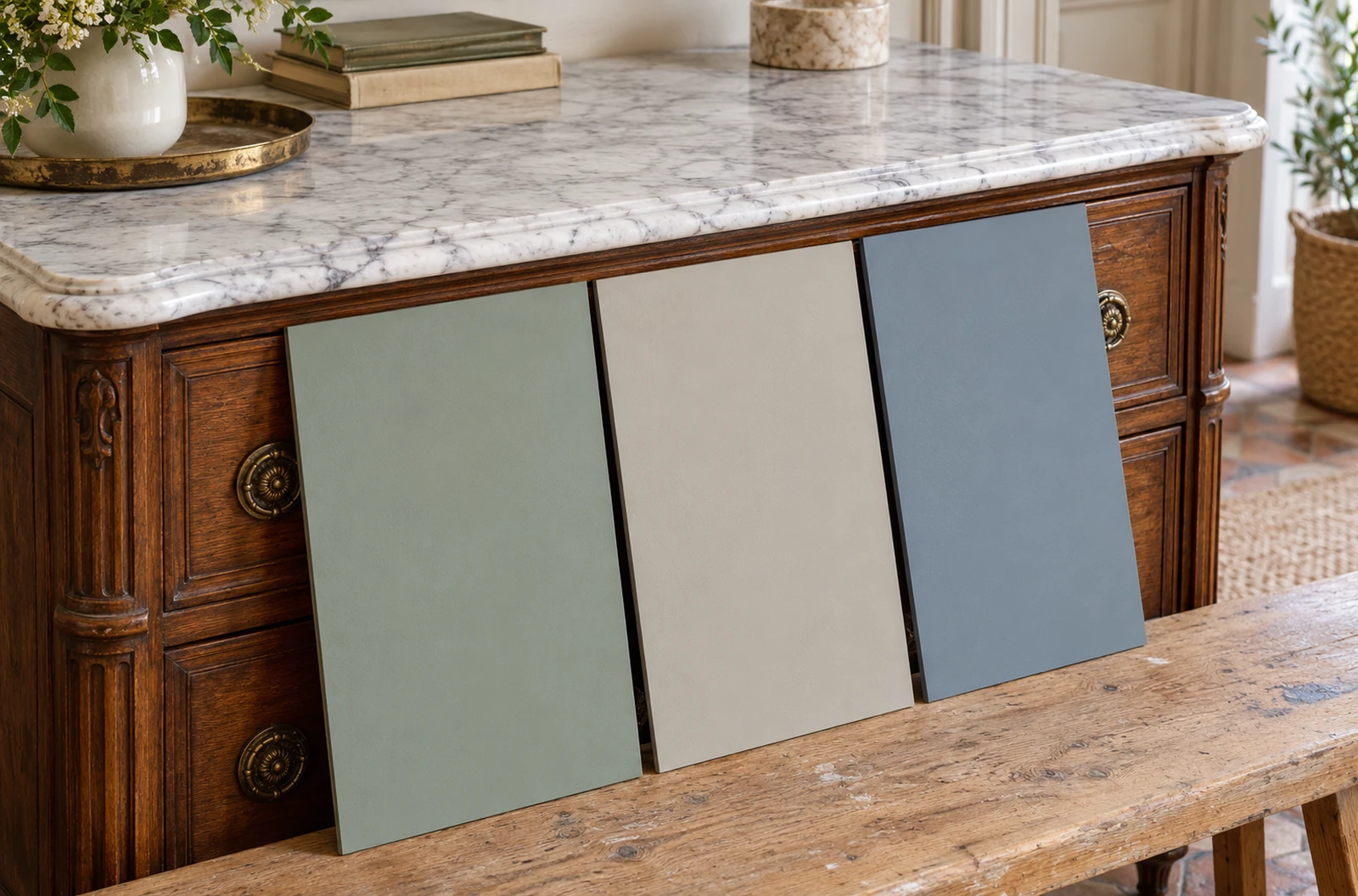 Échantillons vert sauge, grège et bleu grisé placés contre une commode sous son plateau en marbre