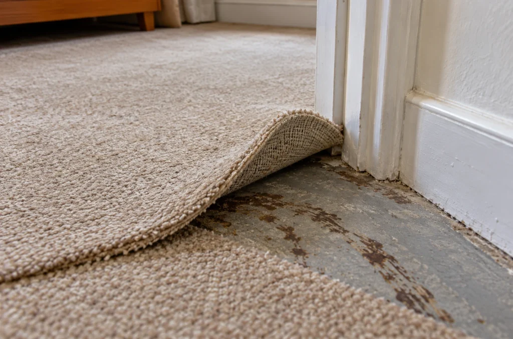 Bord déjà décollé d’une moquette beige laissant apparaître des traces de colle ancienne près d’un seuil