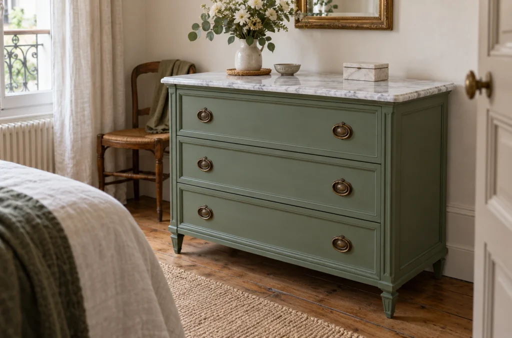 Commode ancienne peinte en vert sauge avec plateau en marbre blanc veiné et poignées en laiton patiné