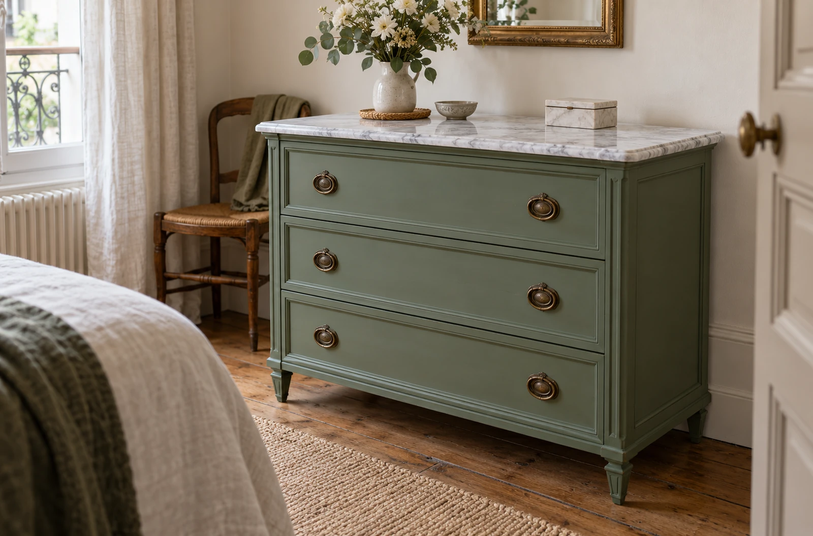 Commode ancienne peinte en vert sauge avec plateau en marbre blanc veiné et poignées en laiton patiné