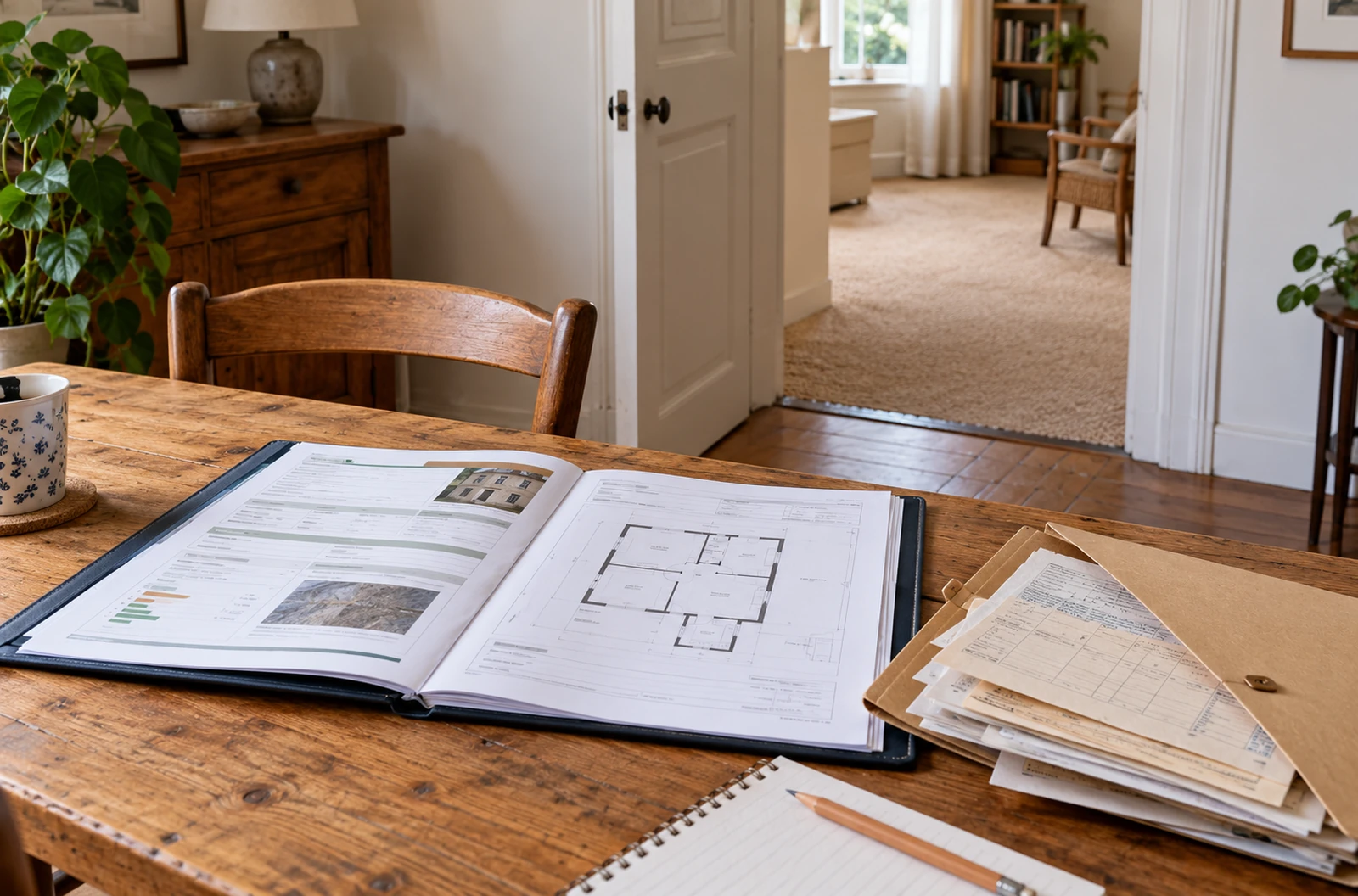 Dossier de diagnostics et plan du logement ouverts sur une table avant un projet de rénovation