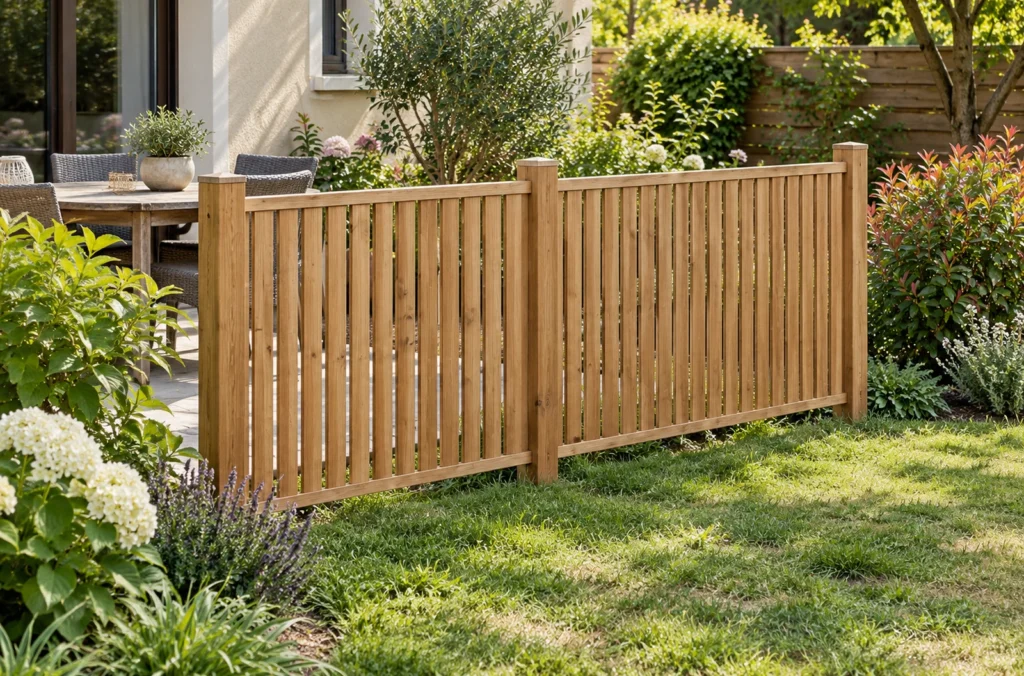 Deux panneaux de bois ajourés entre des poteaux délimitant un petit coin de jardin