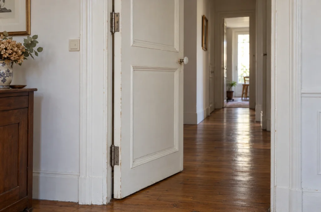 Porte intérieure en bois entrouverte avec ses paumelles métalliques visibles côté cadre