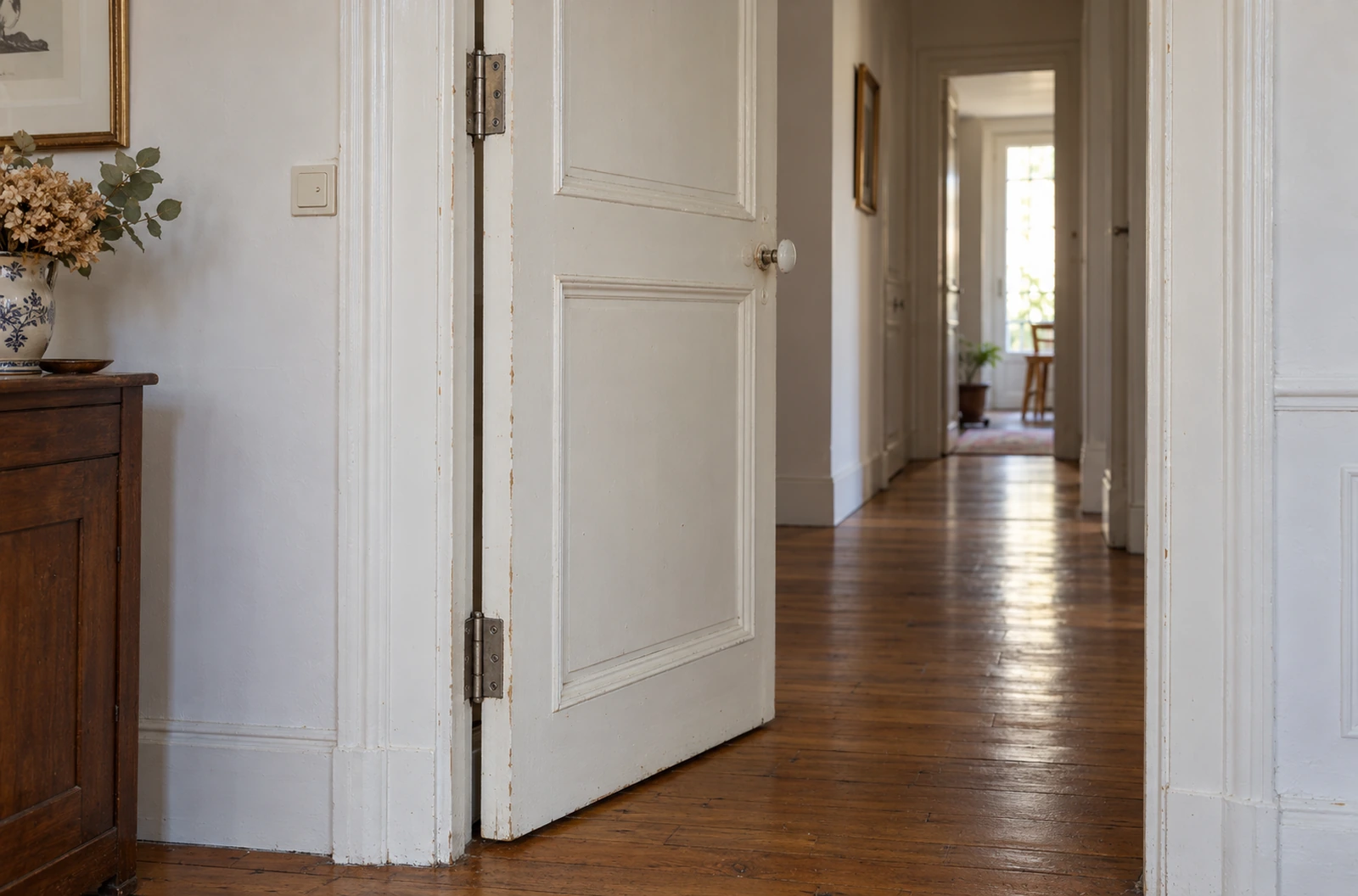 Porte intérieure en bois entrouverte avec ses paumelles métalliques visibles côté cadre