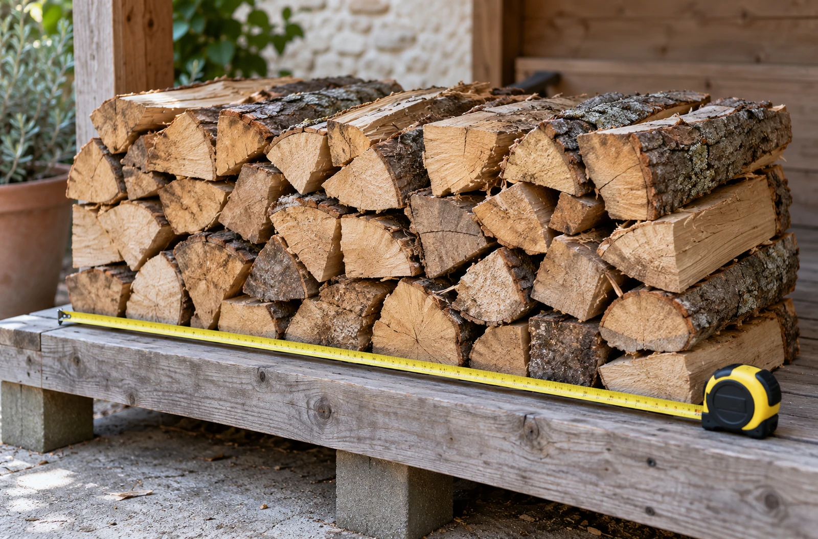 Mètre ruban déployé devant une pile de bois de chauffage pour illustrer la mesure du volume apparent